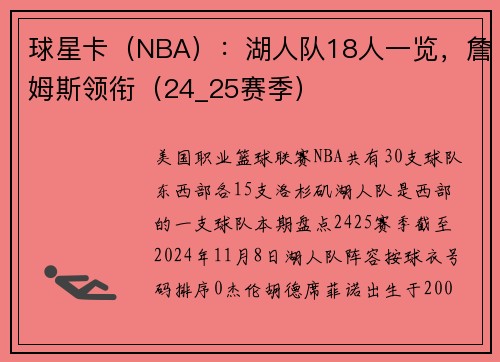 球星卡（NBA）：湖人队18人一览，詹姆斯领衔（24_25赛季）